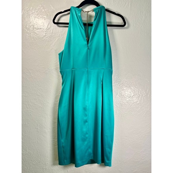 Eliza J Chain Strap Pleated Cocktail Dress Teal Sz 12 70's Mobwife Flirty Siren - Picture 2 of 12